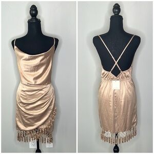 VICI Skylar Rose Tassel Fringe Cowl Neck Mini Dress in Champagne Size XS NWT!